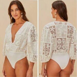 Farm Rio Off-White Rosy Eyelet Puff Sleeve Bodysuit